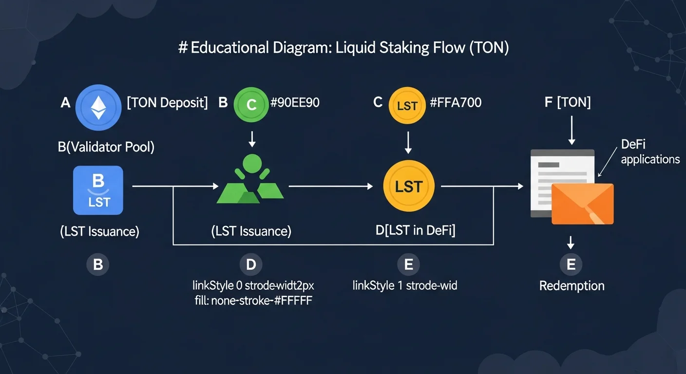 Diagram of liquid staking flow on TON: TON deposit, validator pool, LST issuance, DeFi use, redemption