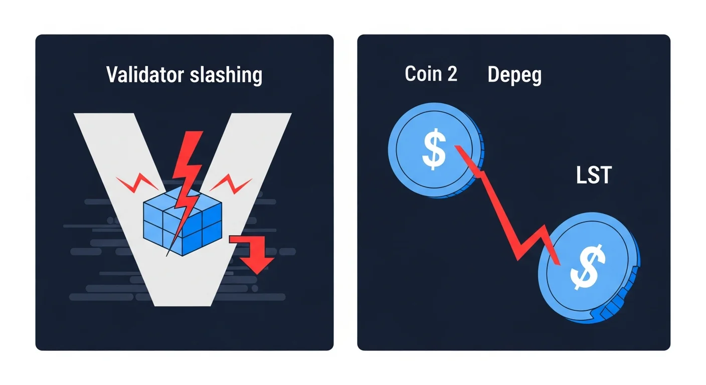 Four-panel illustration of LST risks: slashing, depeg, smart contract exploit, redemption queue