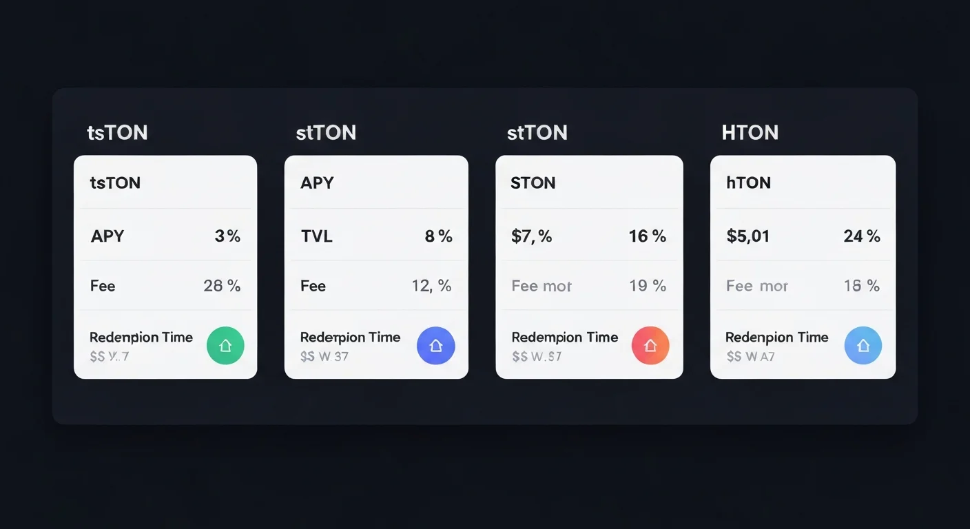 Dashboard mockup with three columns comparing tsTON, stTON, and hTON across APY, TVL, fee, and redemption time