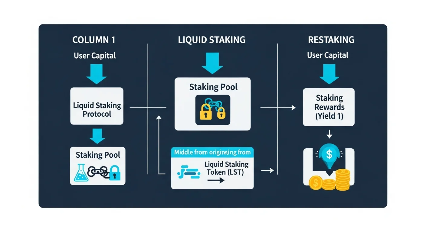 Infographic comparing simple staking, liquid staking and restaking with capital flow and yield layering