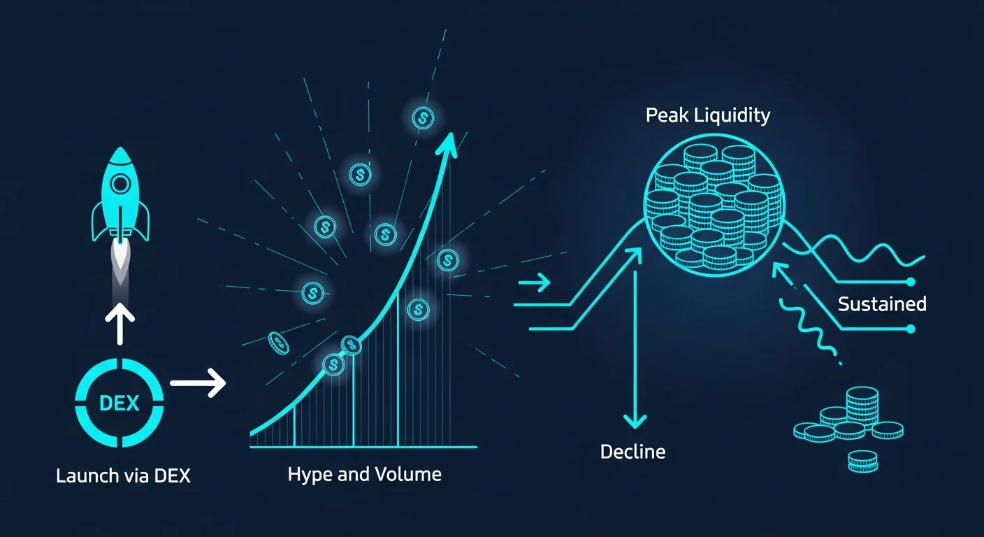 Diagram of TON memecoin lifecycle: launch, hype, peak liquidity, decline or sustained
