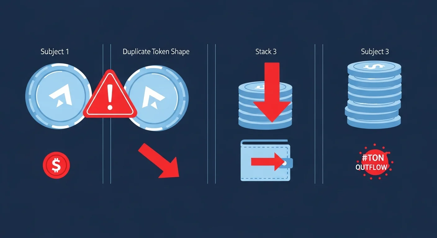 Four-panel illustration of TON memecoin caution icons: duplicate token, downward arrow, outflow wallet, empty pool