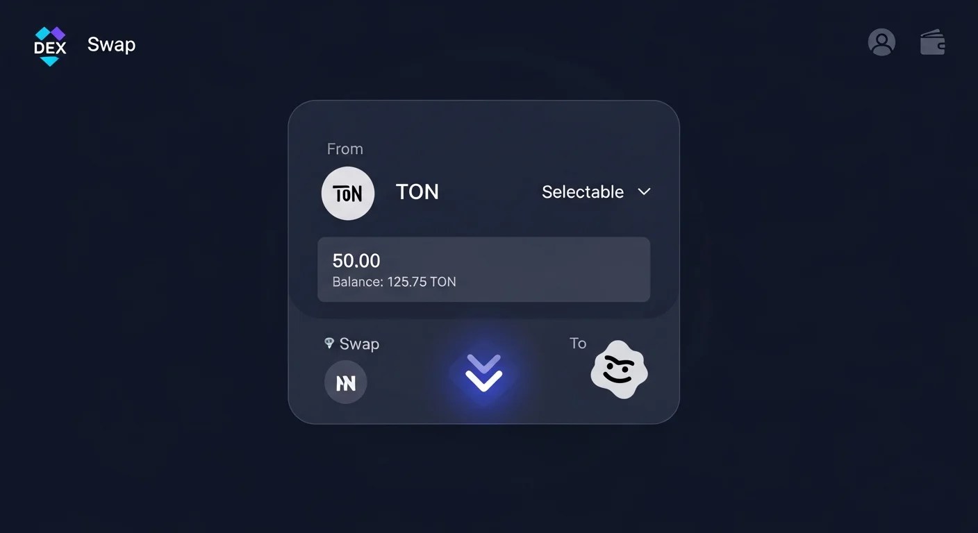 TON DEX swap UI mockup with from token TON, to a generic memecoin, slippage, price impact, and a swap button