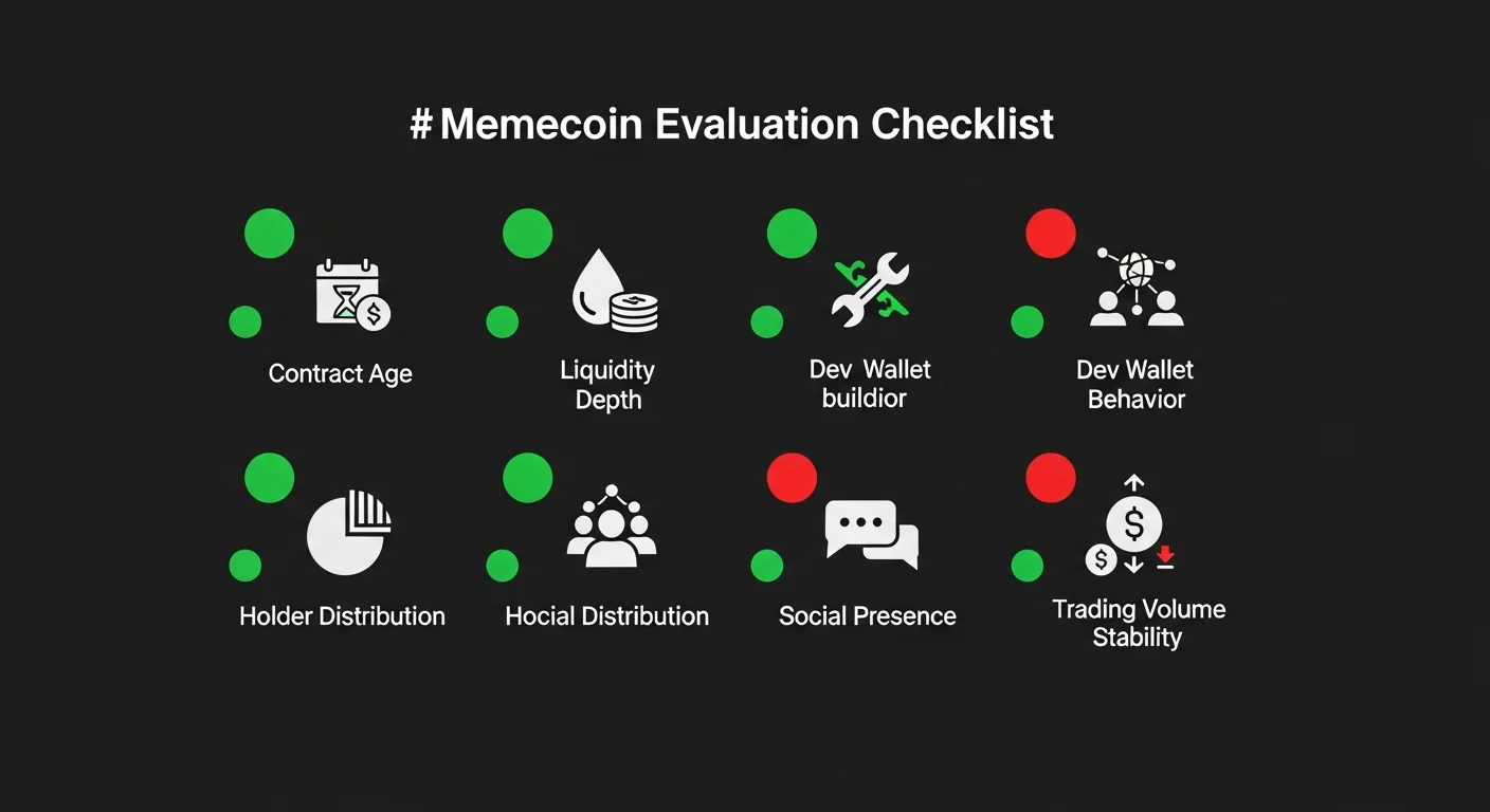 Memecoin evaluation checklist infographic with green and red indicator dots for each criterion