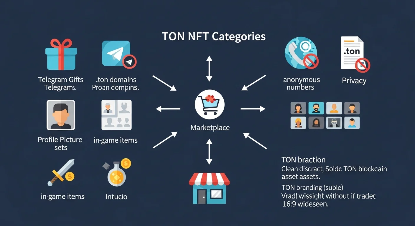 Diagram of TON NFT categories: Telegram Gifts, .ton domains, anonymous numbers, profile picture sets, in-game items, with arrows to a marketplace