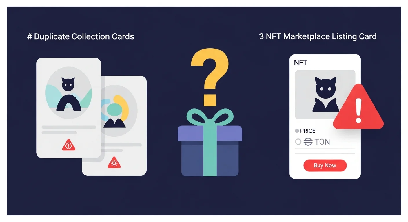 Four-panel illustration of TON NFT risks: copycat collection, fake gift contract, marketplace scam, phishing dApp