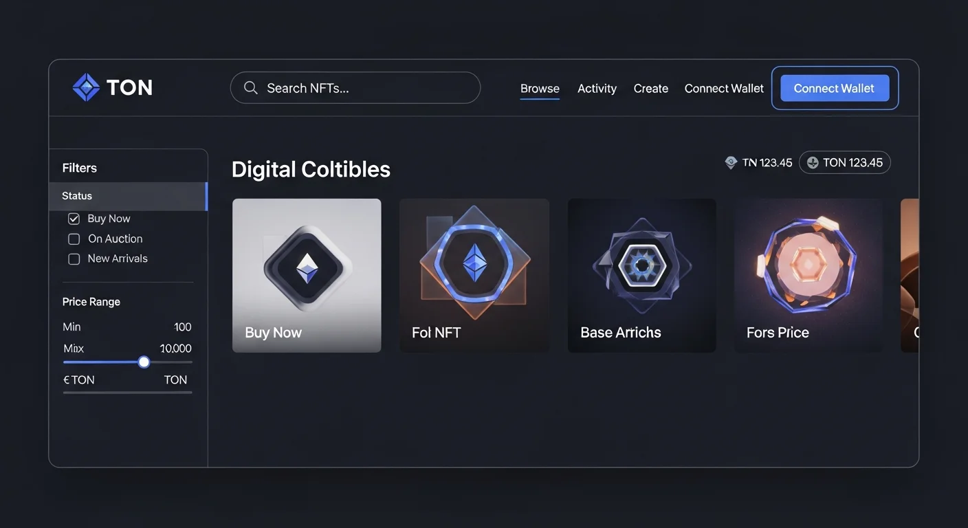 TON NFT marketplace mockup with grid of collectible cards, filters, floor price, and a buy button