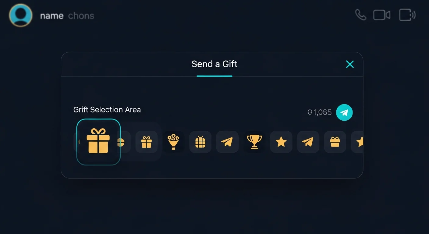Telegram Gift sending flow mockup inside a chat: gift selection, recipient, price in Stars, send button