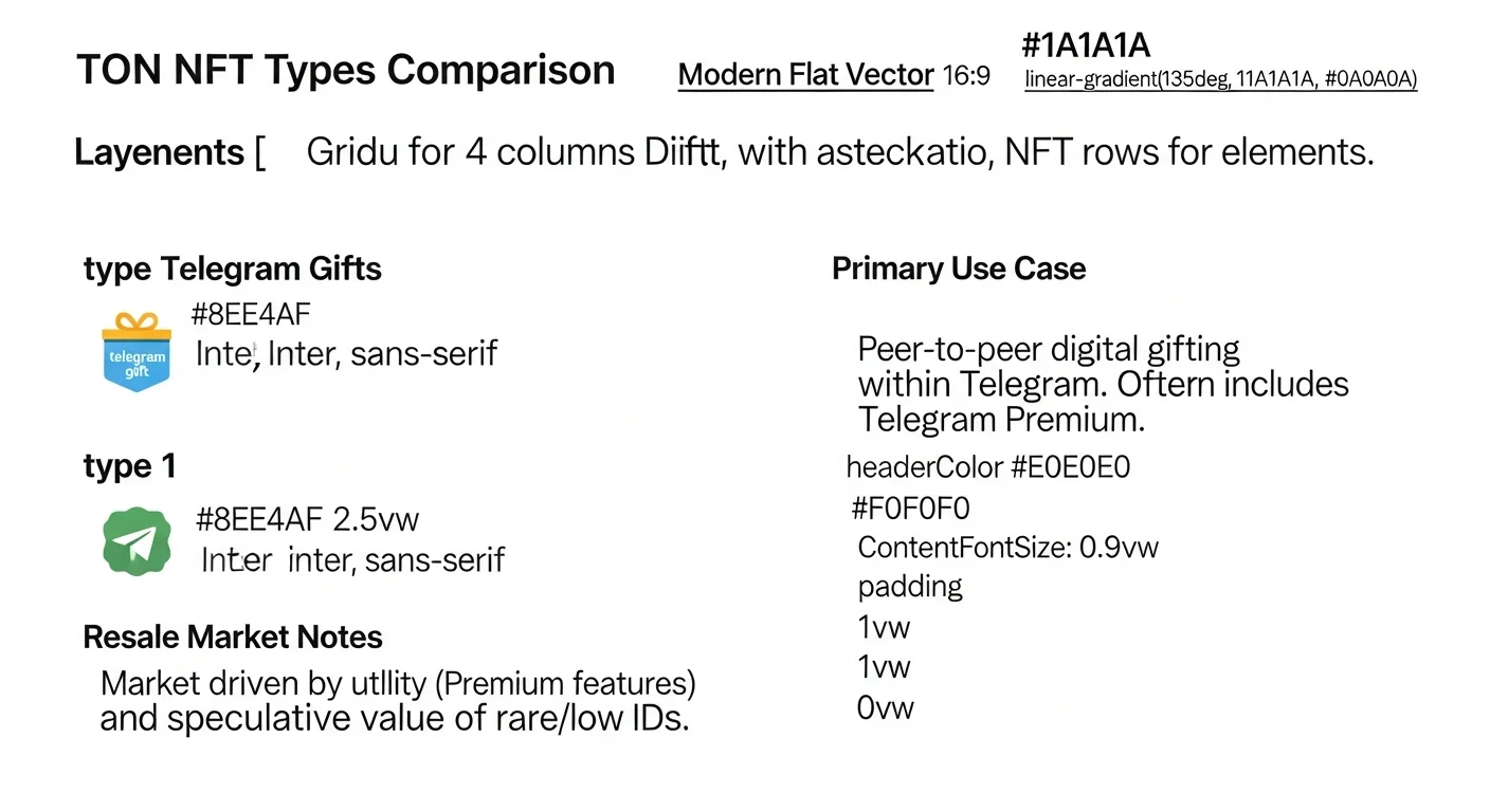 Infographic comparing four TON NFT types: Gifts, .ton domains, anonymous numbers, generic collections
