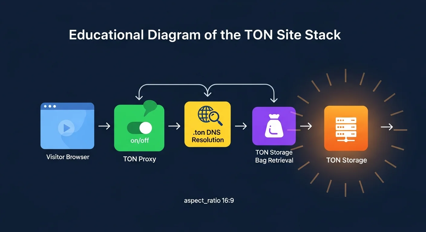 Diagram of TON Site stack with browser, TON Proxy, .ton DNS resolution, and TON Storage bag retrieval