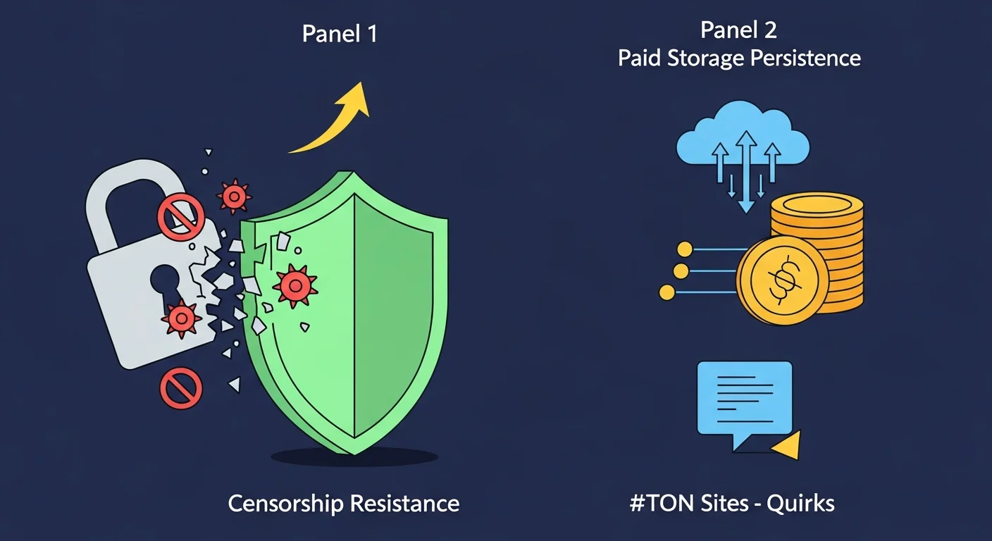 Four-panel illustration of TON Site benefits and quirks: censorship resistance, paid persistence, no CDN, proxy required