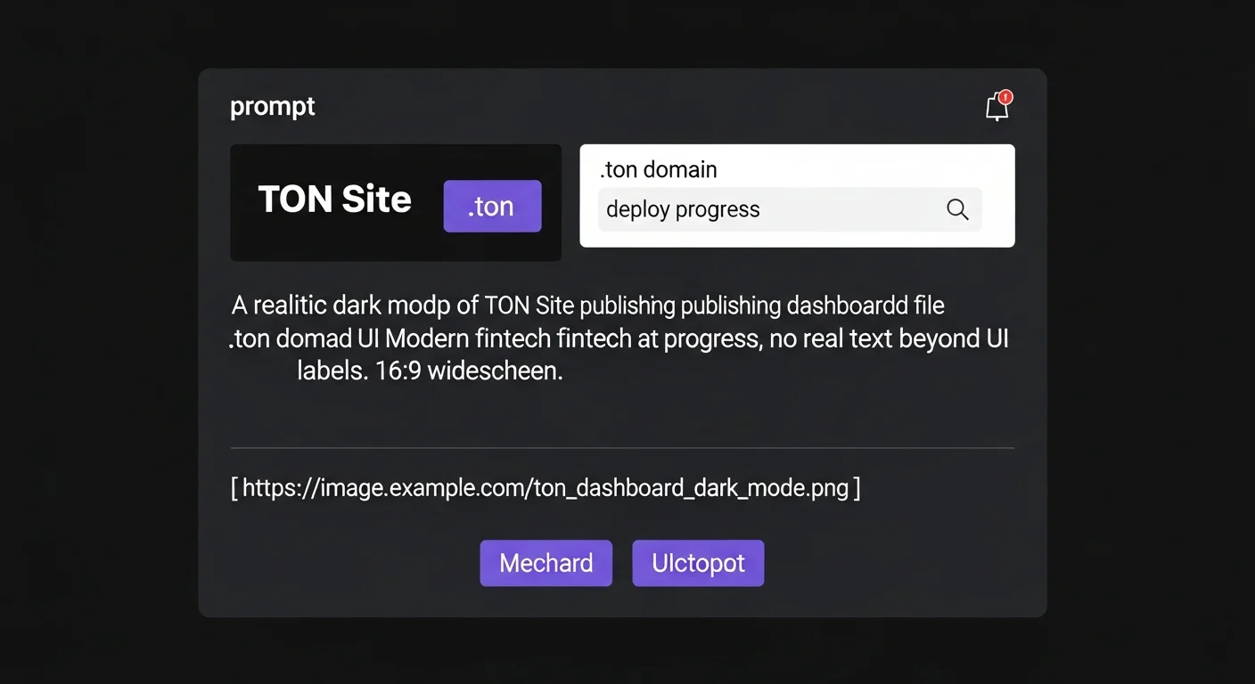 TON Site publishing dashboard mockup with file upload, .ton domain selection, deploy progress, and bag ID