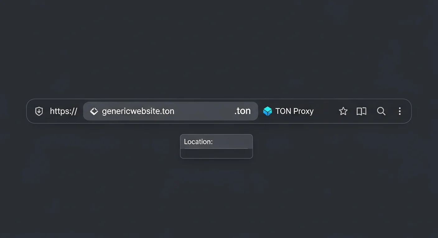 Browser mockup showing a .ton domain visited via TON Proxy with a site preview pane