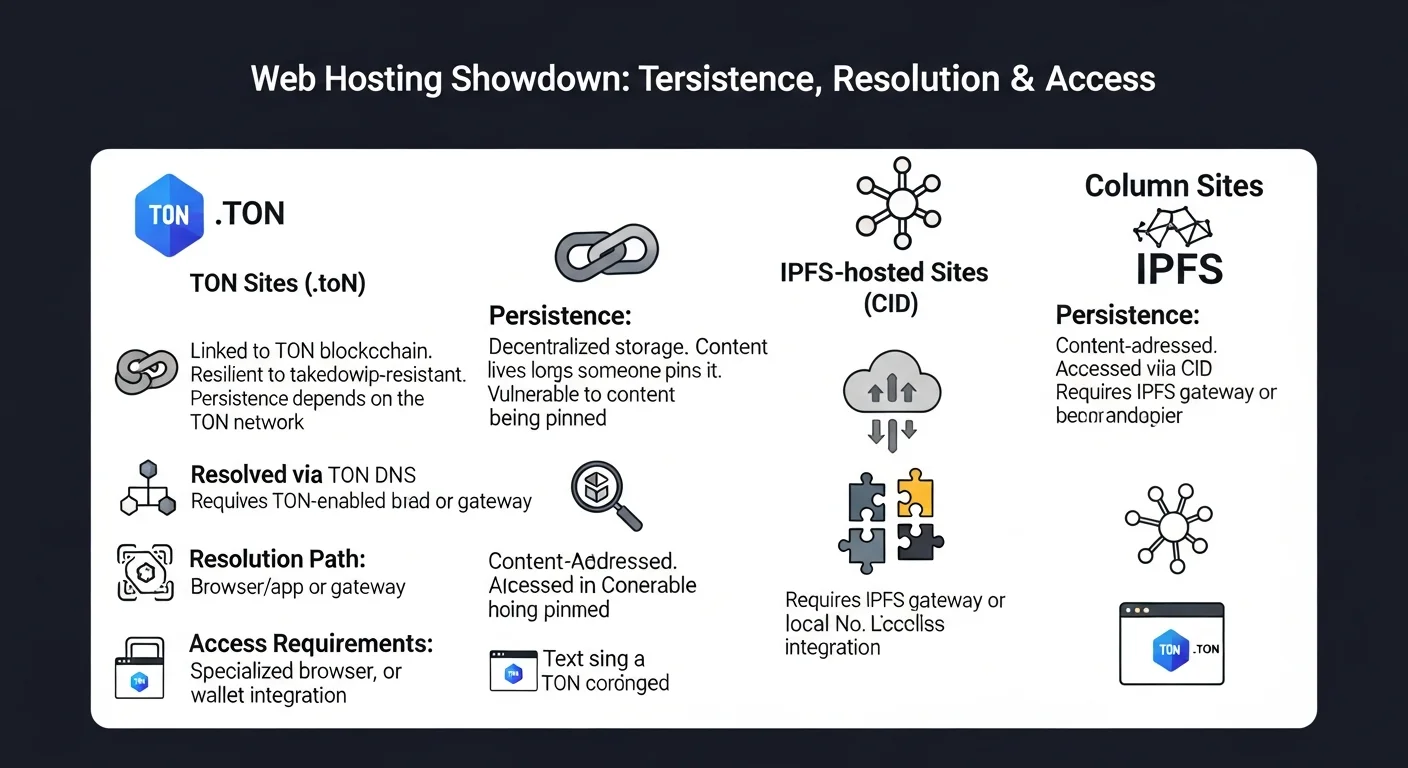 Infographic comparing TON Sites, IPFS sites, and traditional web hosting on persistence, resolution and access