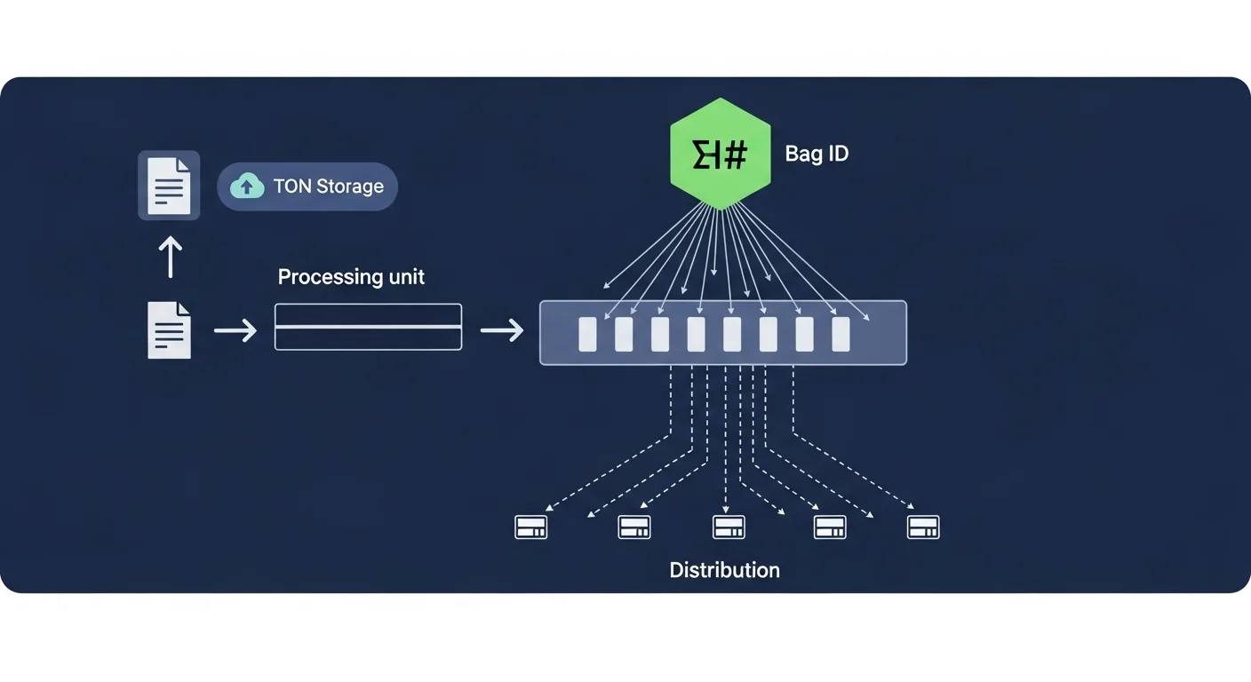 Diagram showing a file split into chunks, hashed into a bag ID, distributed across storage nodes, retrieved by bag ID