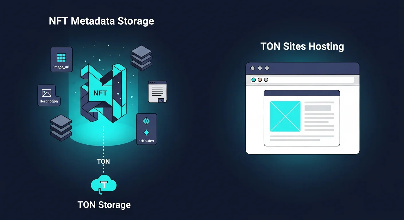 Four-panel illustration of TON Storage use cases: NFT metadata, TON Sites, dApp content, large file sharing