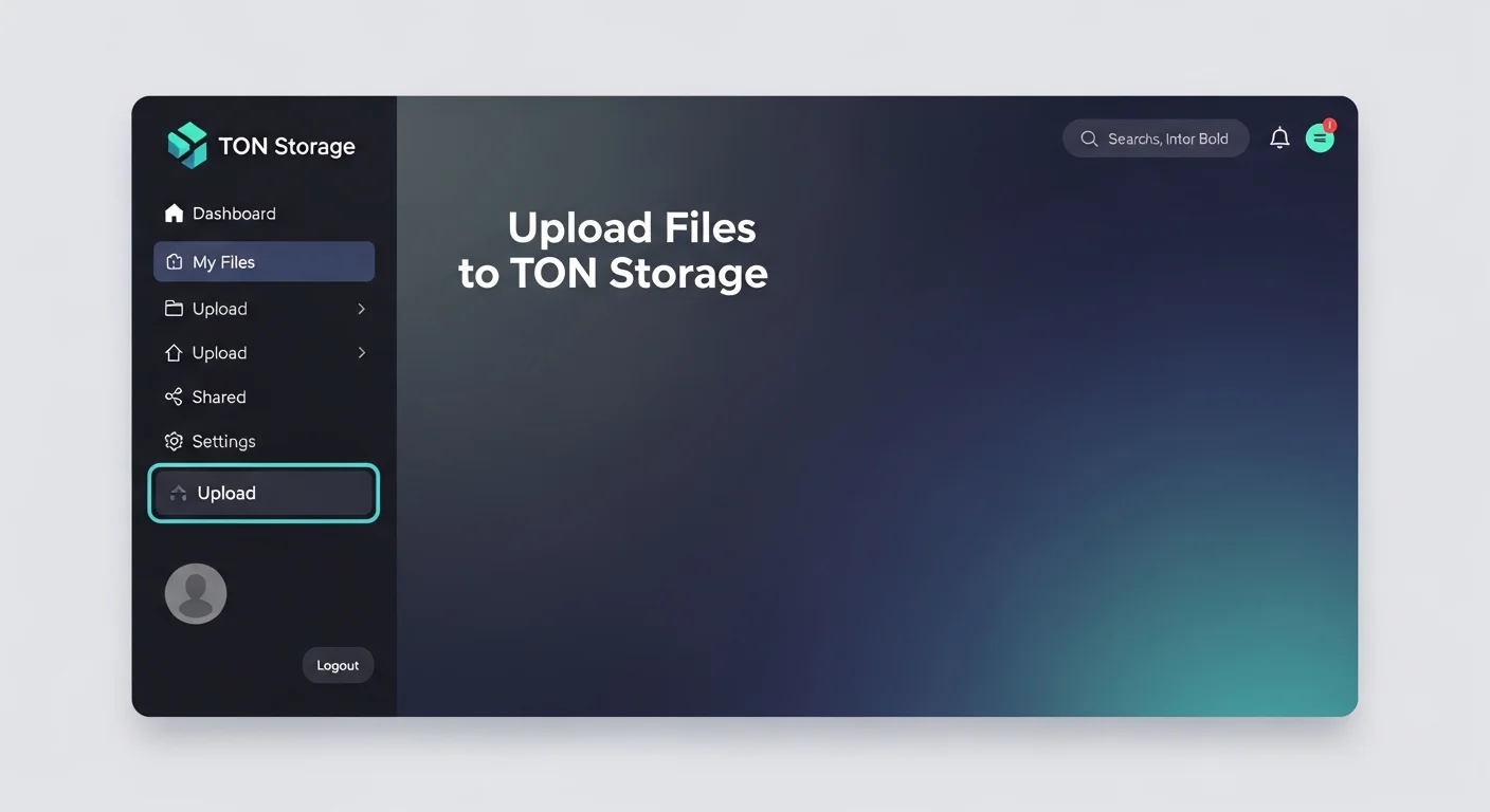 TON Storage upload screen mockup with file selector, storage cost estimate, duration slider, and upload button
