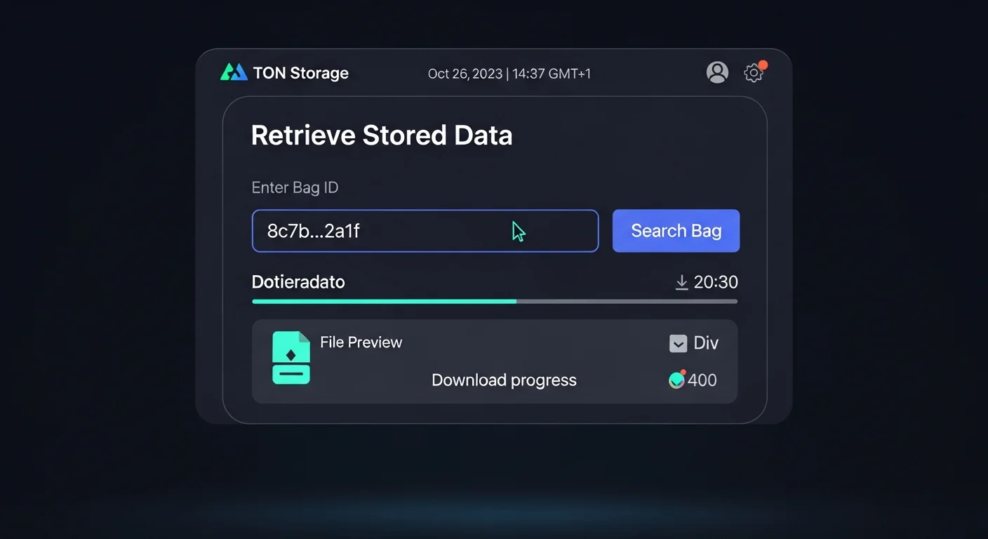 TON Storage retrieval screen mockup with bag ID input, file metadata, download progress bar, and file preview