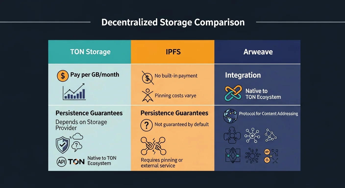 Infographic comparing TON Storage, IPFS, and Arweave on payment model, persistence and integration