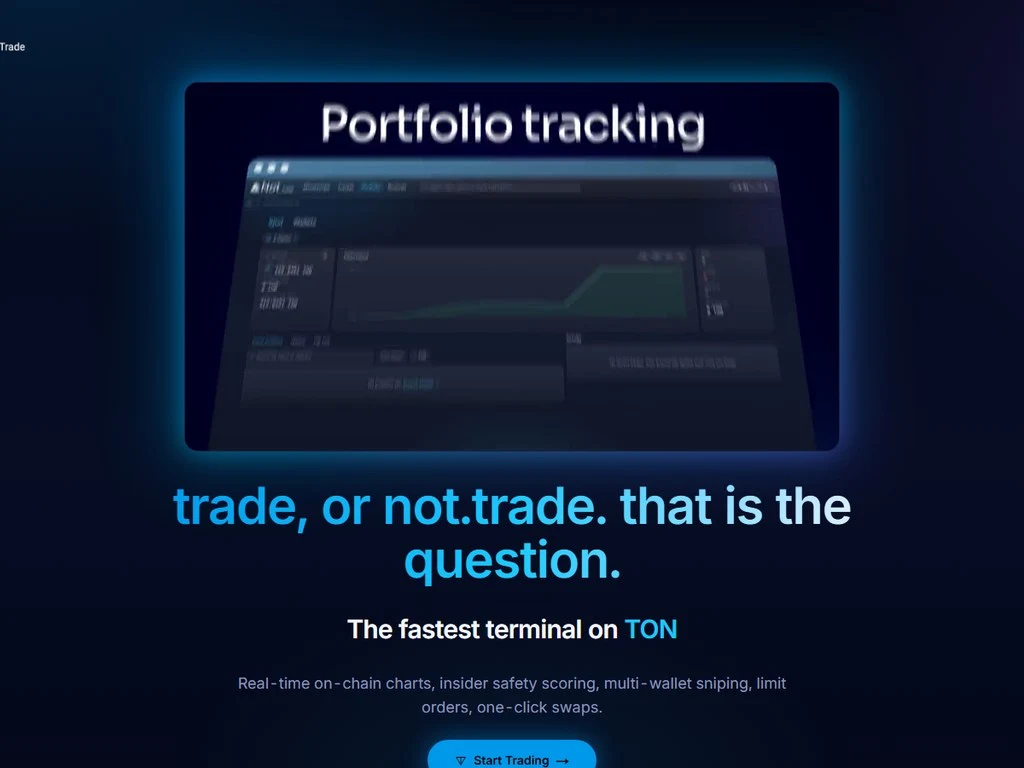 Not.Trade TON Terminal homepage hero with real-time on-chain charts and TON token trading dashboard