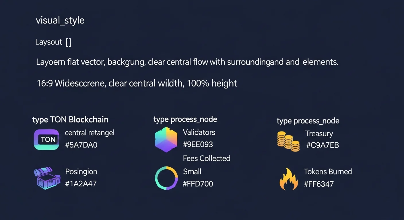 Diagram of TON token flow: validator rewards minted, fees collected, fees partially burned, treasury operations