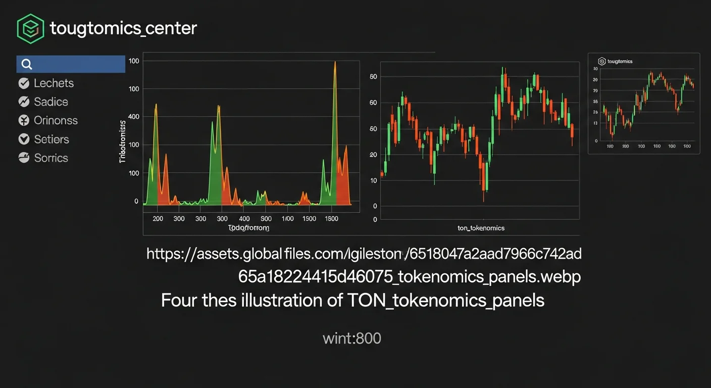 Four-panel illustration of TON tokenomics dynamics: validator rewards, fee burn, treasury programs, ecosystem grants
