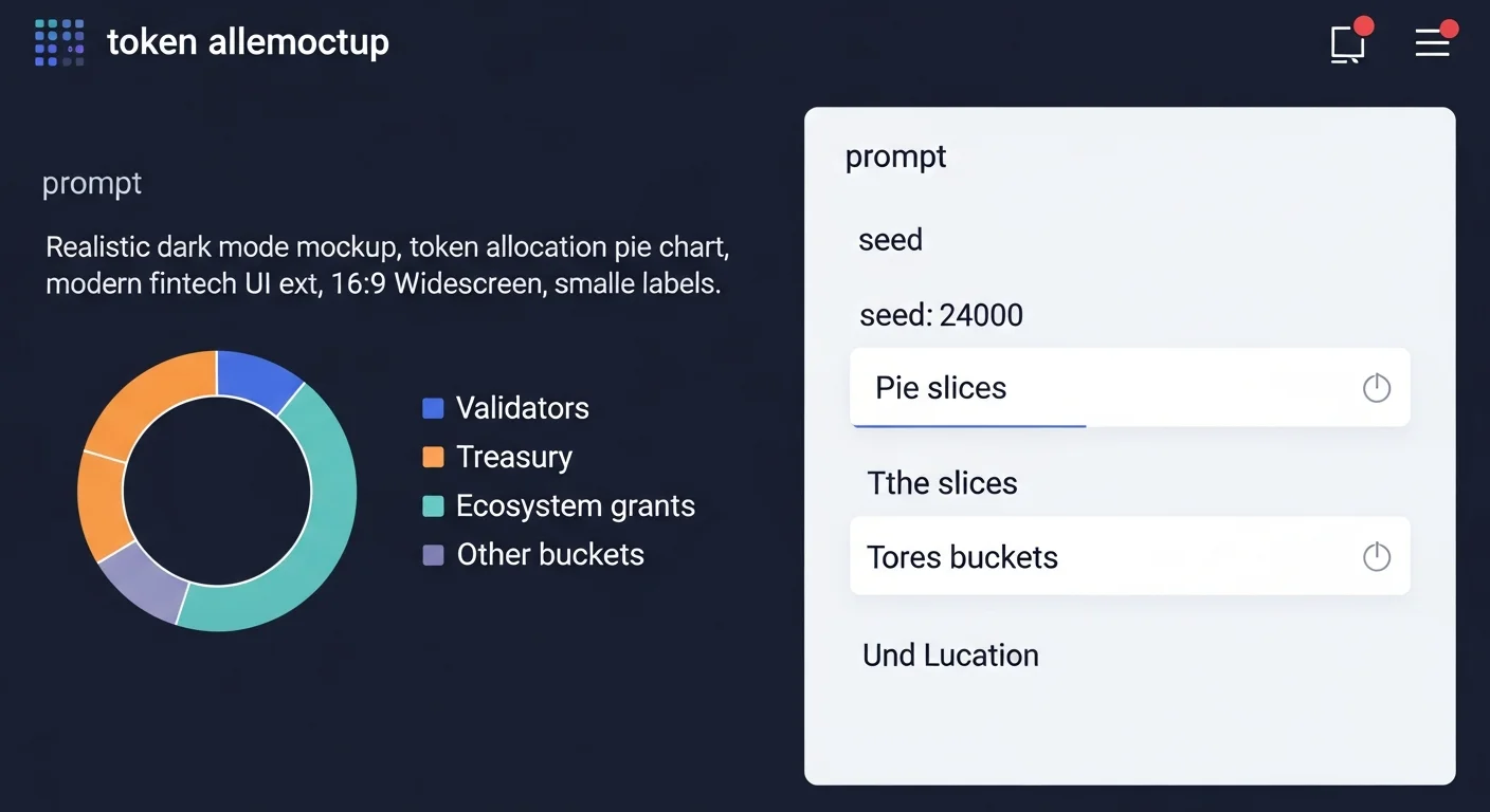 Token allocation pie chart mockup split into validators, treasury, ecosystem grants, and other buckets