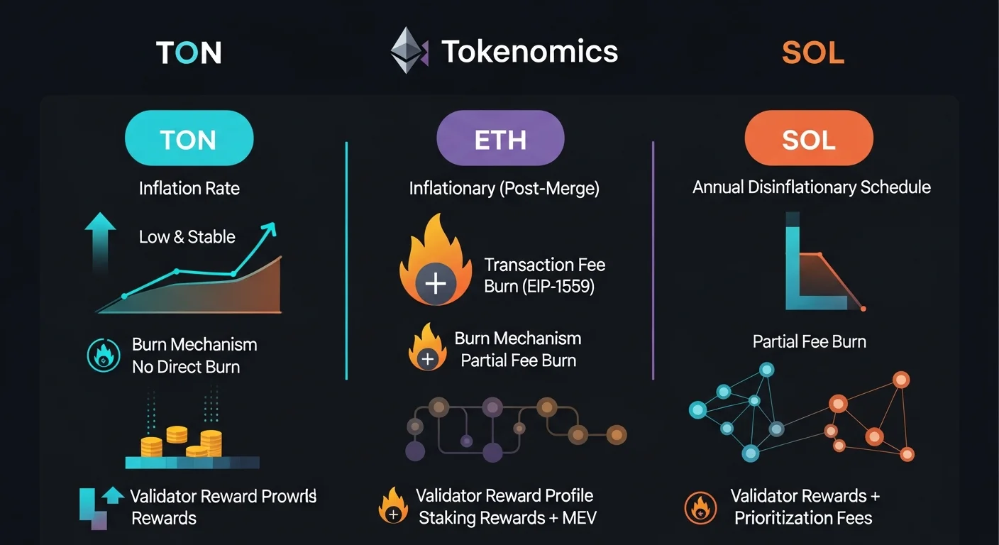 Infographic comparing TON, ETH, and SOL tokenomics on inflation rate, burn mechanism, and reward profile