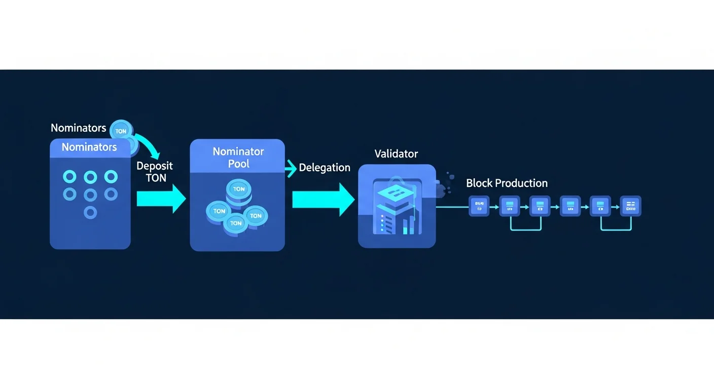 Diagram of validator and nominator pool flow with deposits, delegation, block production, and reward distribution