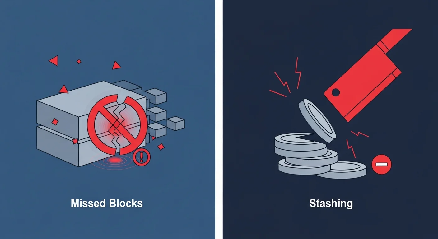 Four-panel illustration of validator caution icons: missed blocks, slashing, concentration, hardware failure