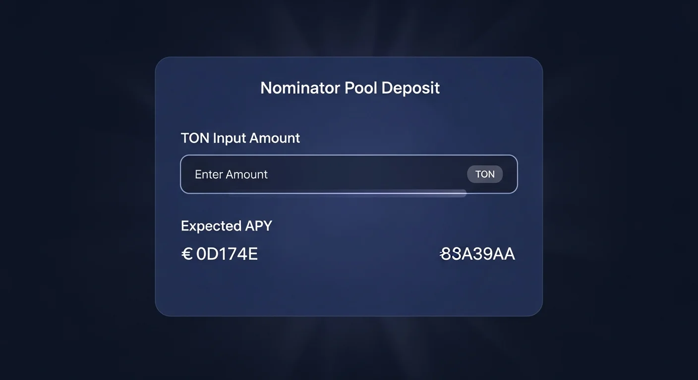 Nominator pool deposit screen mockup with TON amount, expected APY, lock-up period, and deposit button