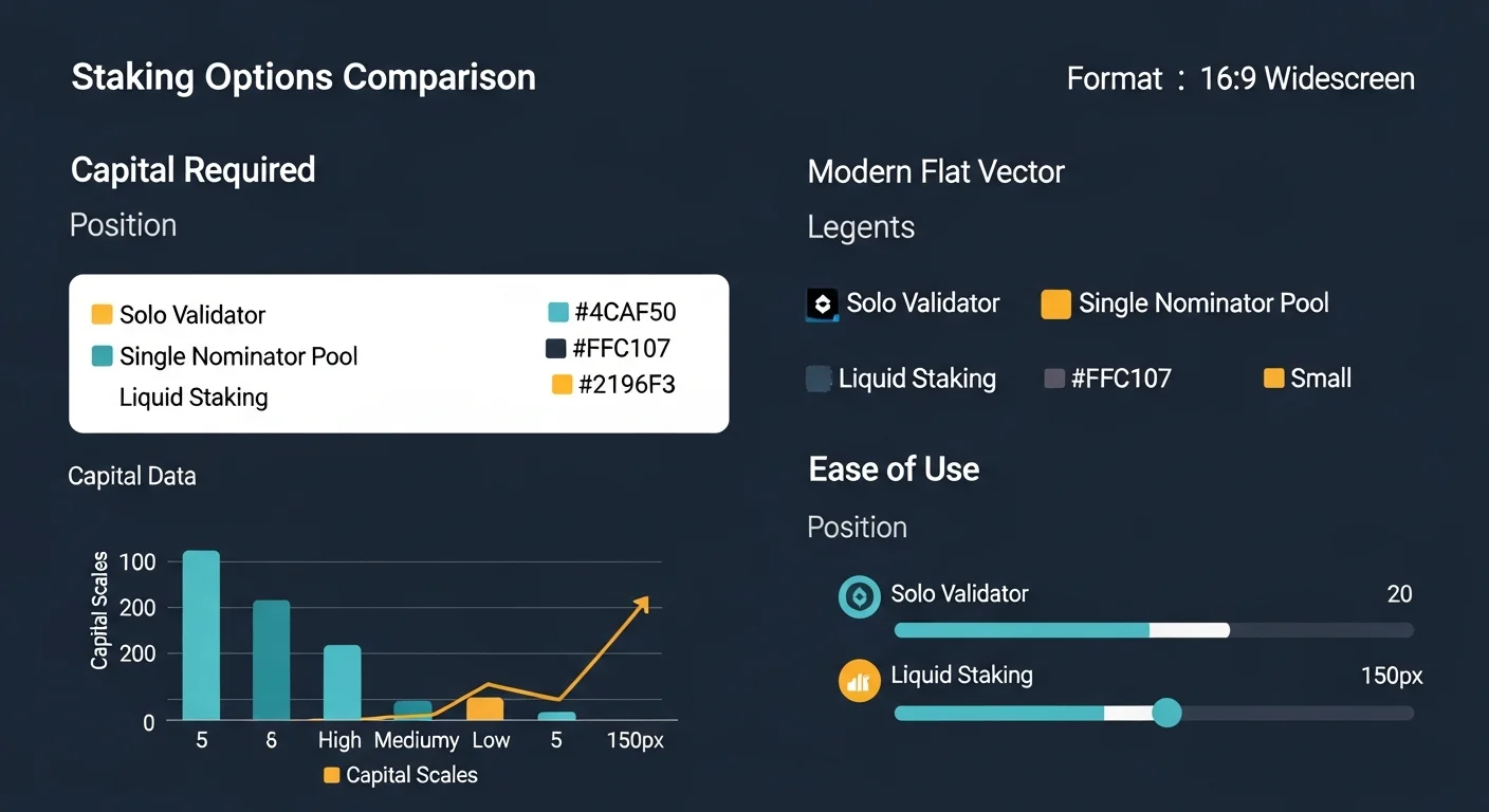 Infographic comparing solo validator, nominator pool, and liquid staking on capital, ease of use, and reward profile