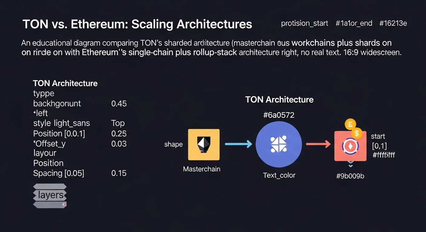Diagram comparing TON's sharded architecture with Ethereum's single-chain plus rollup architecture
