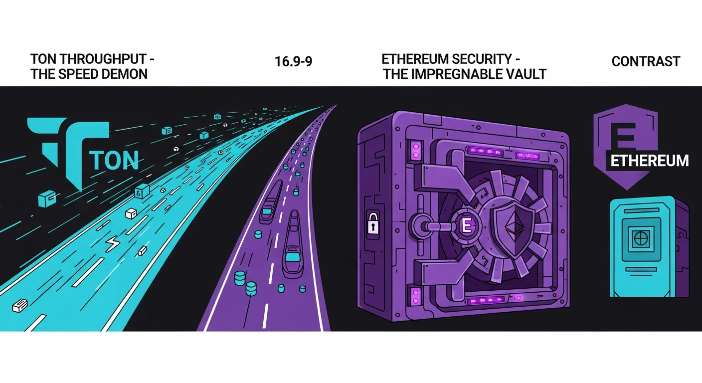 Four-panel illustration of trade-offs: TON throughput, Ethereum security, TON fees, Ethereum DeFi depth