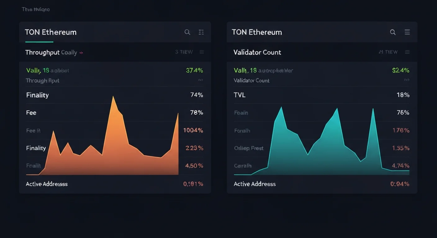 Dashboard mockup comparing TON and Ethereum metrics side by side: throughput, fee, finality, validator count, TVL, active addresses