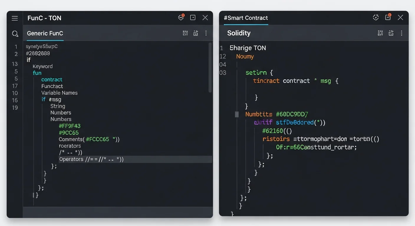 Mockup of FunC code on the left for TON and Solidity code on the right for Ethereum, side by side