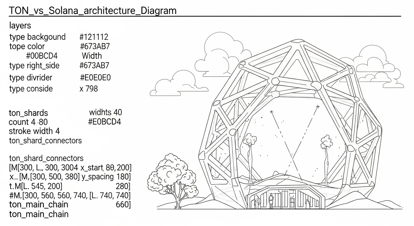 Diagram comparing TON's sharded multi-chain architecture with Solana's monolithic single-chain design