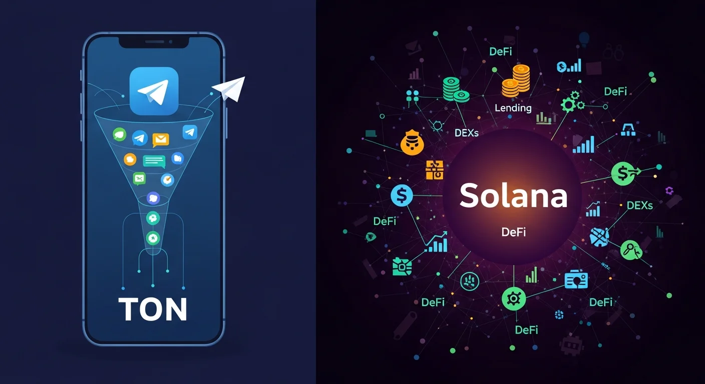Four-panel illustration of trade-offs: TON Telegram funnel, Solana DeFi depth, TON sharded scaling, Solana monolithic speed