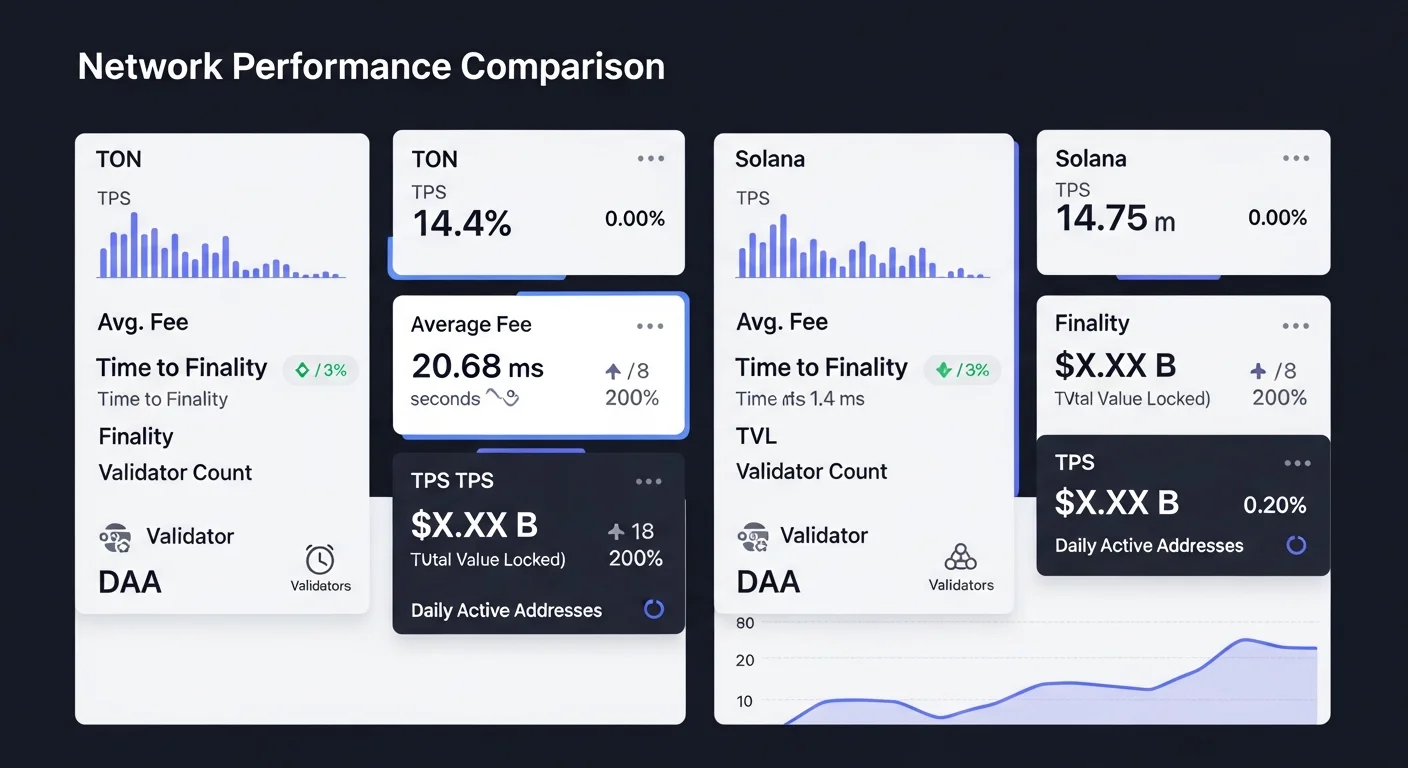 Dashboard mockup comparing TON and Solana metrics side by side: TPS, fees, finality, validators, TVL, active addresses