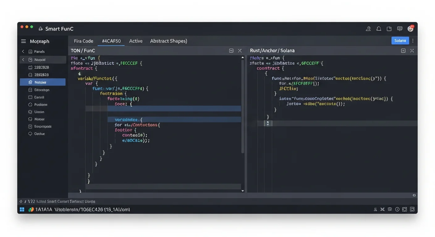 Mockup of FunC code on the left for TON and Rust/Anchor code on the right for Solana, side by side