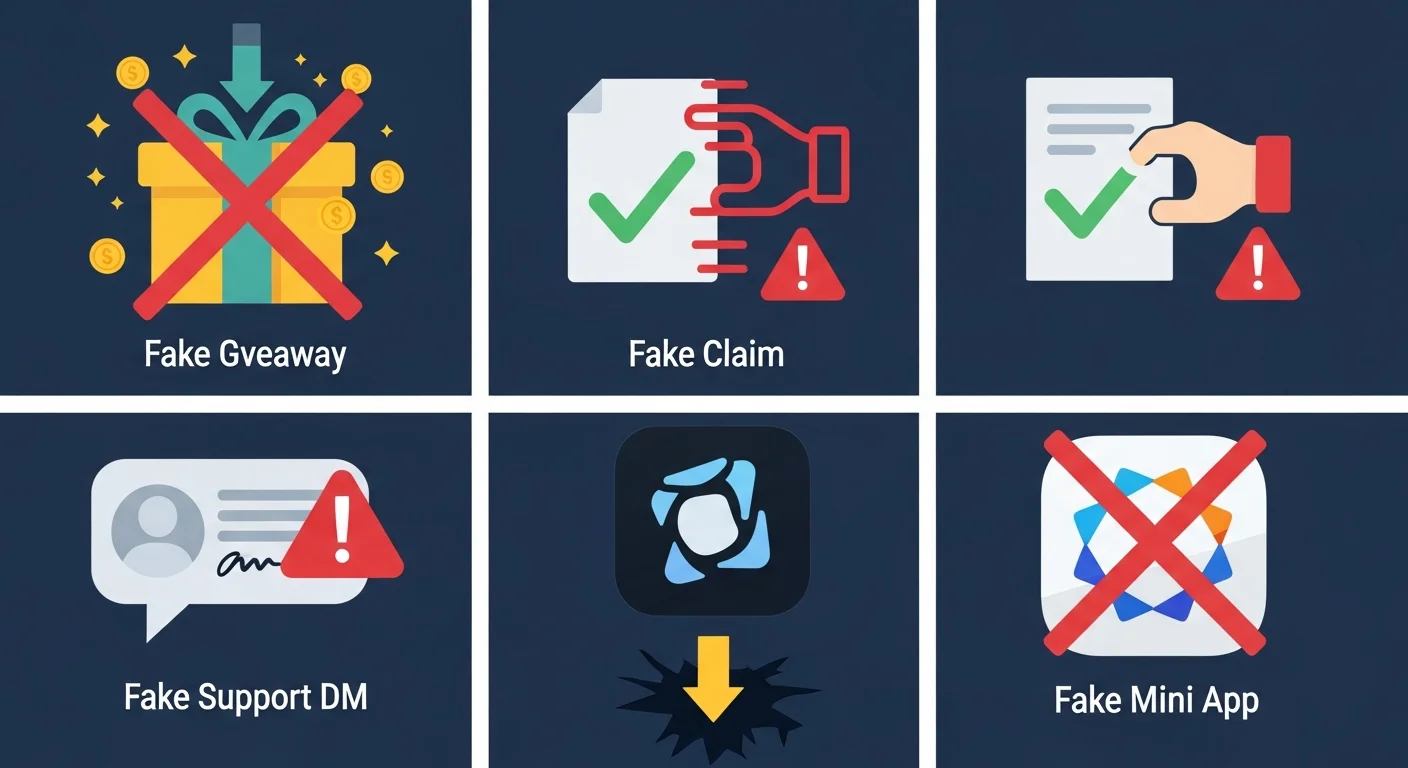 Four-panel illustration of common drainer caution icons: fake giveaway, fake claim, fake support DM, fake Mini App