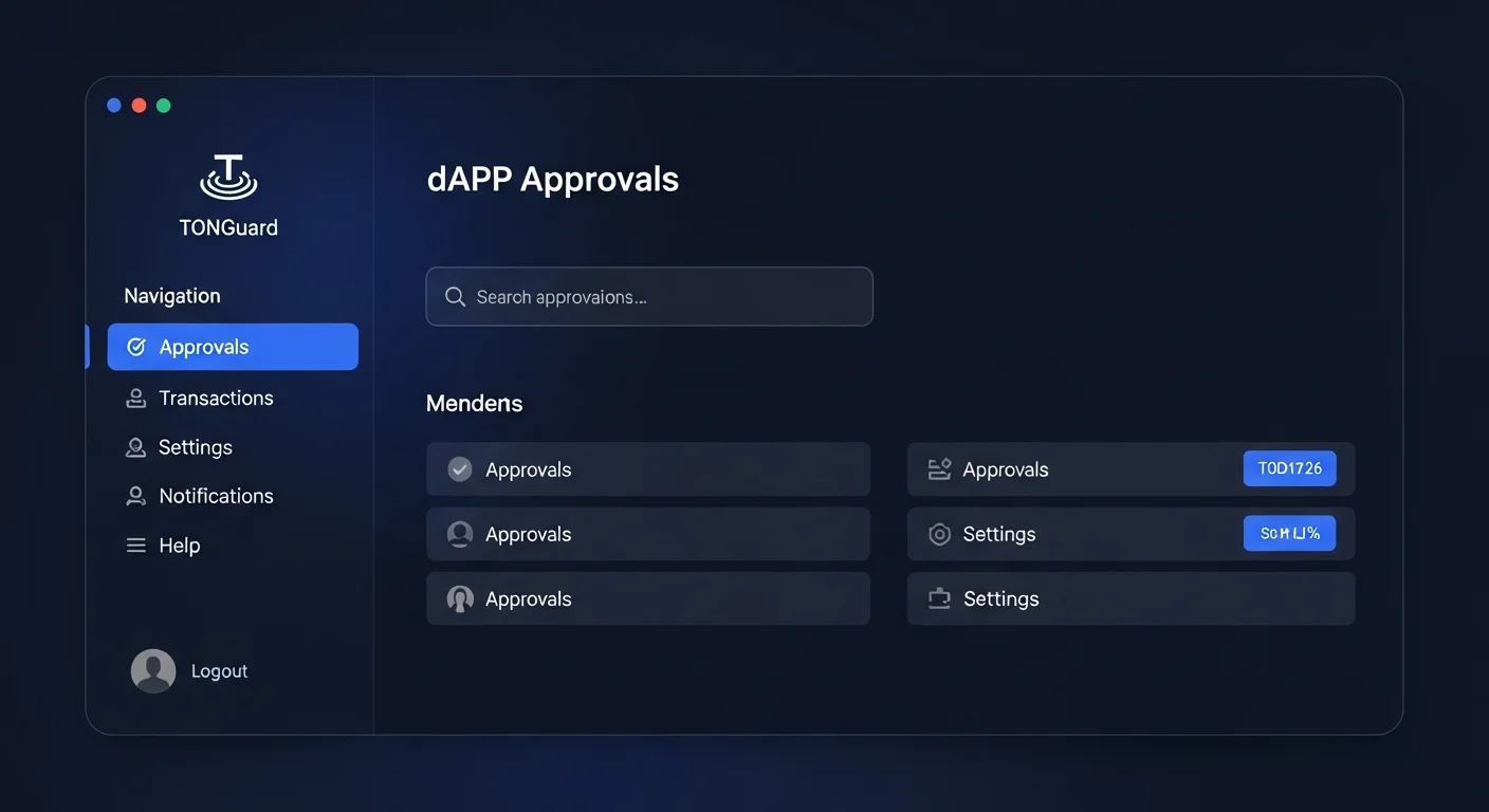 Approval-management screen mockup on a TON-aware tool with a list of dApp approvals and revoke buttons