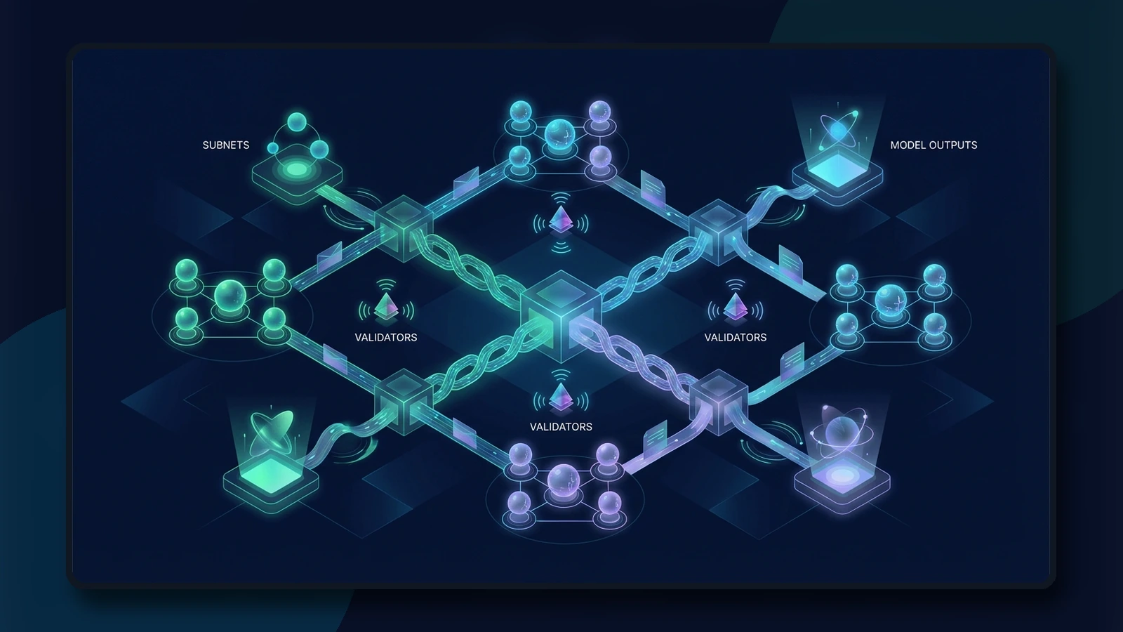 AI-generated conceptual illustration of decentralized subnets validators and model outputs in crypto AI networks