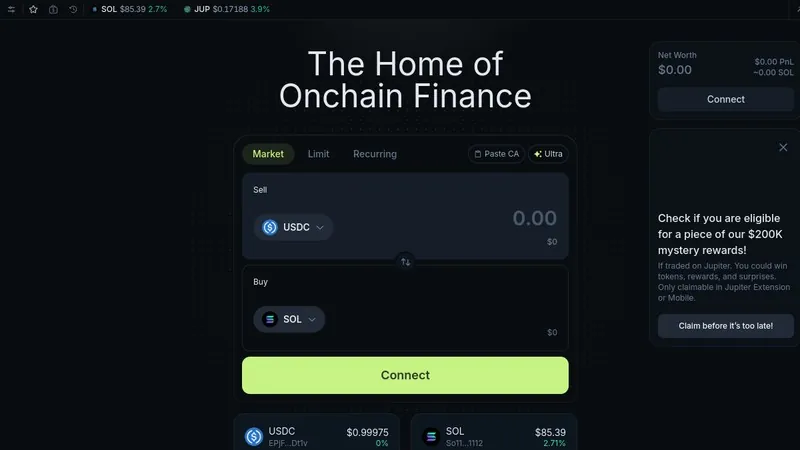 Jupiter website screenshot showing the swap interface and market panel