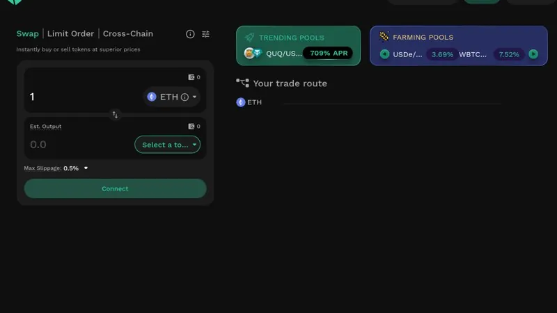 KyberSwap website screenshot showing the swap interface and DeFi routing tools