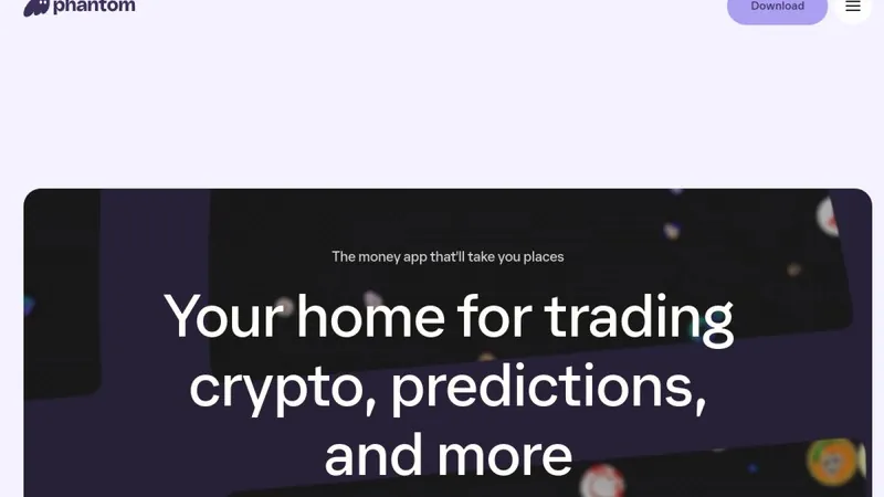 Phantom wallet website screenshot showing the product homepage and interface preview