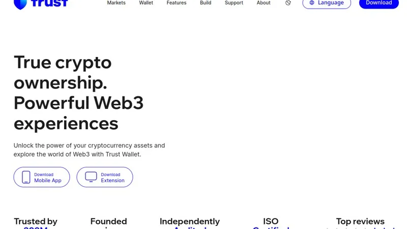 Trust Wallet homepage screenshot showing multichain wallet product page