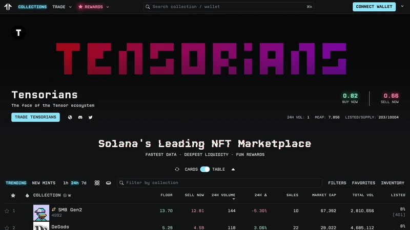 Tensor NFT marketplace screenshot showing Solana marketplace interface