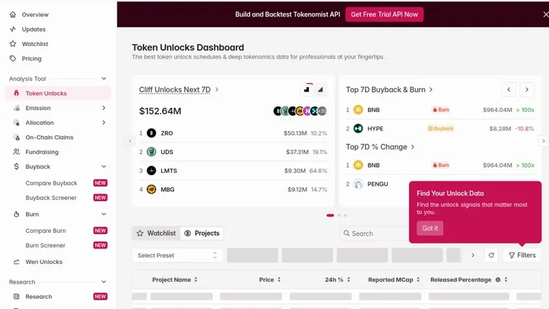 Tokenomist dashboard screenshot showing token unlock tracking interface