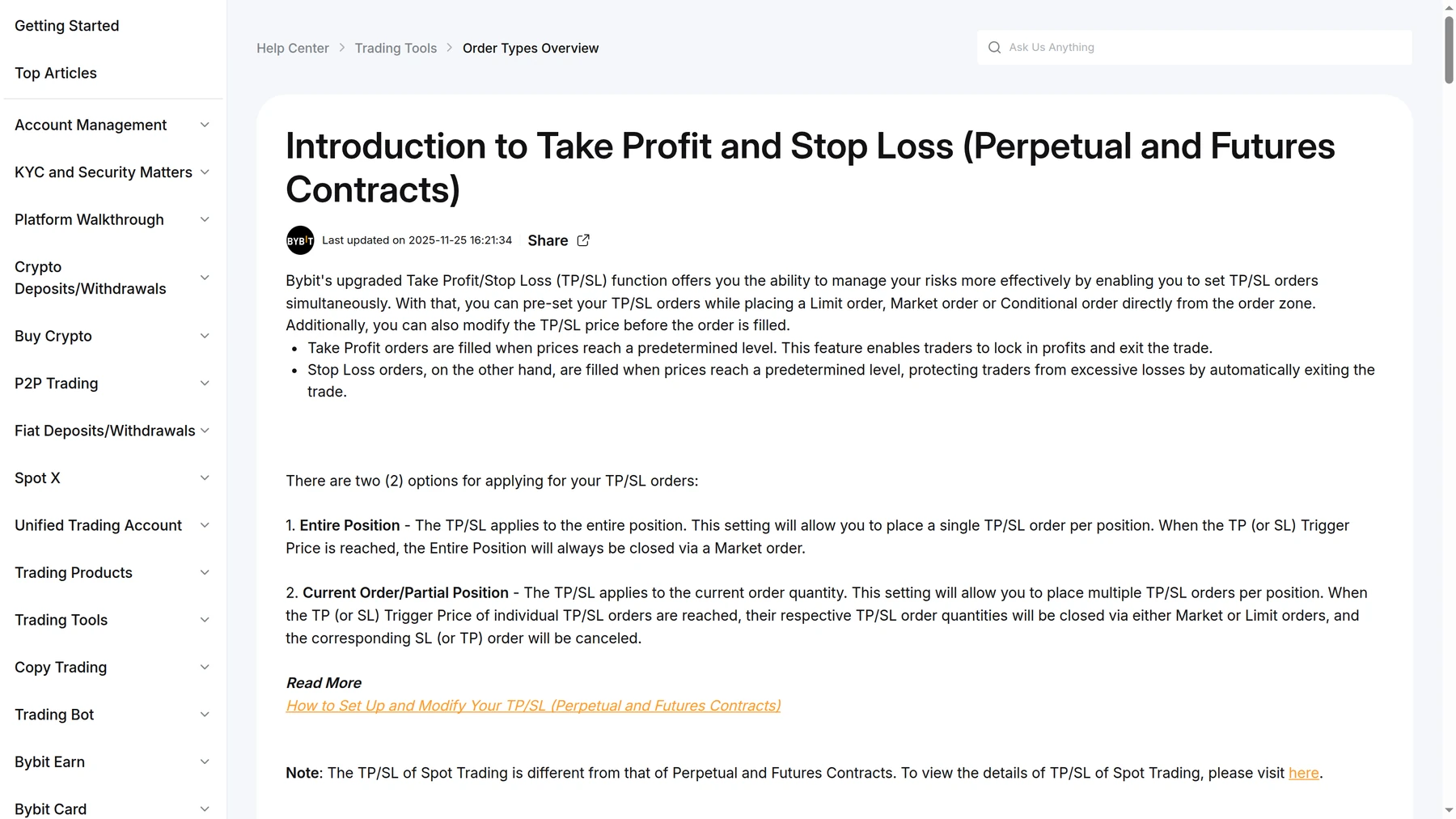 Bybit futures documentation explaining how take profit and stop loss work on perpetual and futures contracts